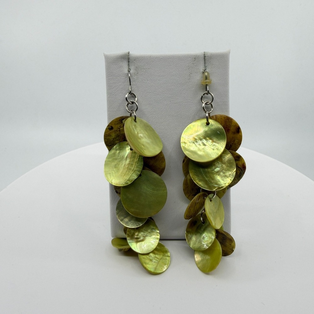 Natural Shell Disc Statement Dangle Earrings Multi-Layered Boho Beach Jewelry - Picture 10 of 13